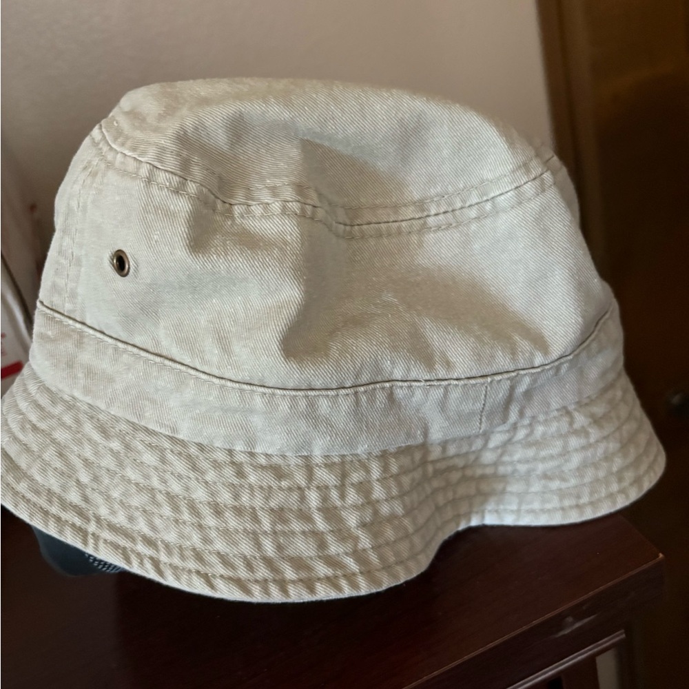 🥳 Amika Tan Bucket Hat with Orange and Pink Embroidered Logo - Picture 2 of 4